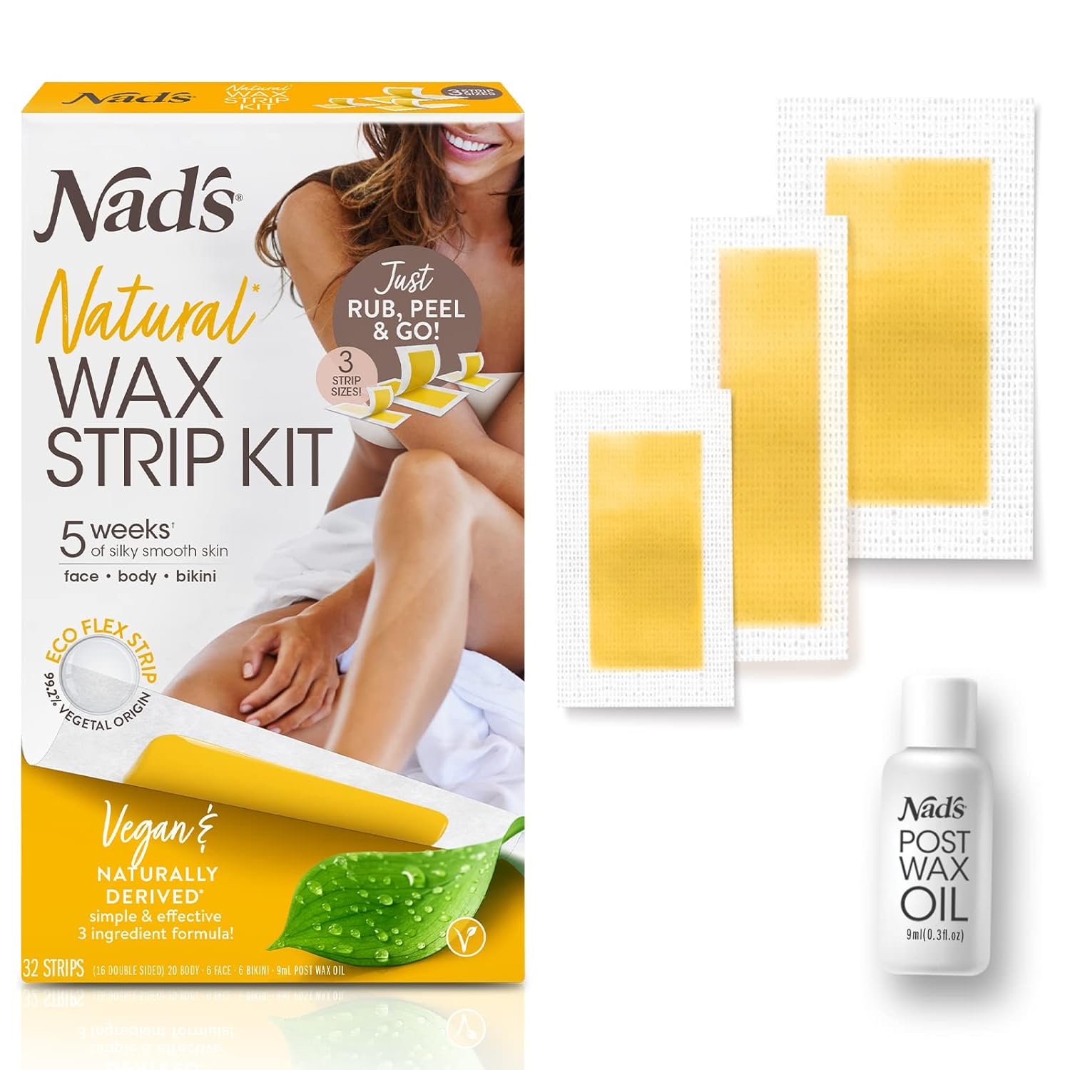 Nad'S Natural Hair Removal Kit - 6 Face Strips, 20 Body Strips, 6 Bikini Strips + Post-Wax Oil For All Skin Types