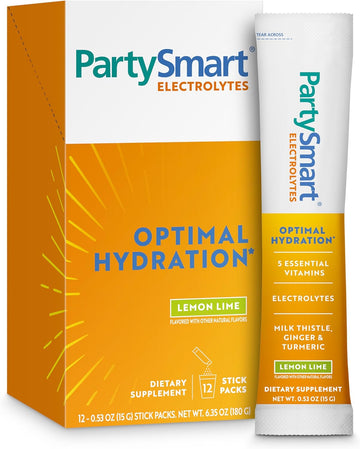 Himalaya Partysmart Lemon Lime Electrolytes Powder Packets, 12 Count, Support Hydration, Rehydrate With Sodium & Potassium, Vitamin C & More, Antioxidant Recovery Blend Milk Thistle, Ginger & Turmeric