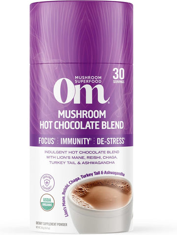 Om Mushroom Superfood Hot Chocolate Blend Mushroom Powder, 8.47  Canister, 30 Servings, Dutch Cocoa, 2g of Sugar, 25 Calories, Lion's Mane, Reishi, Chaga, Turkey Tail, Focus and Stress Support