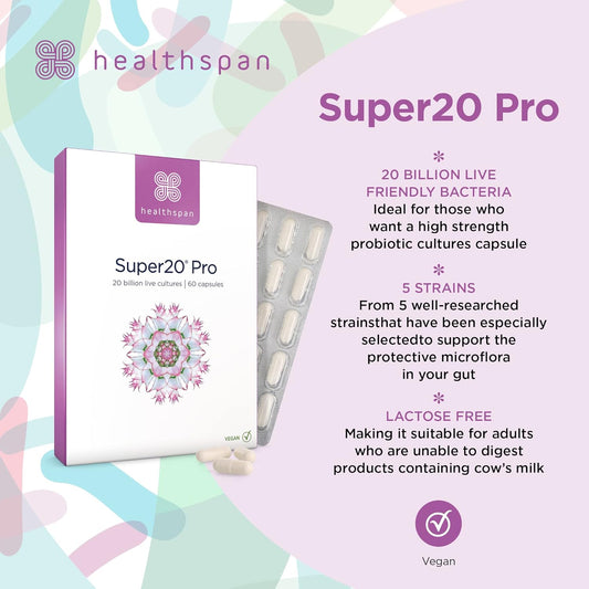 Healthspan Super20 Pro Supports a healthy gut (60 Capsuels) | Probiotic with 20 billion live friendly bacteria | from five of The best strains | Promotes friendly bacteria in your gut | Vegan