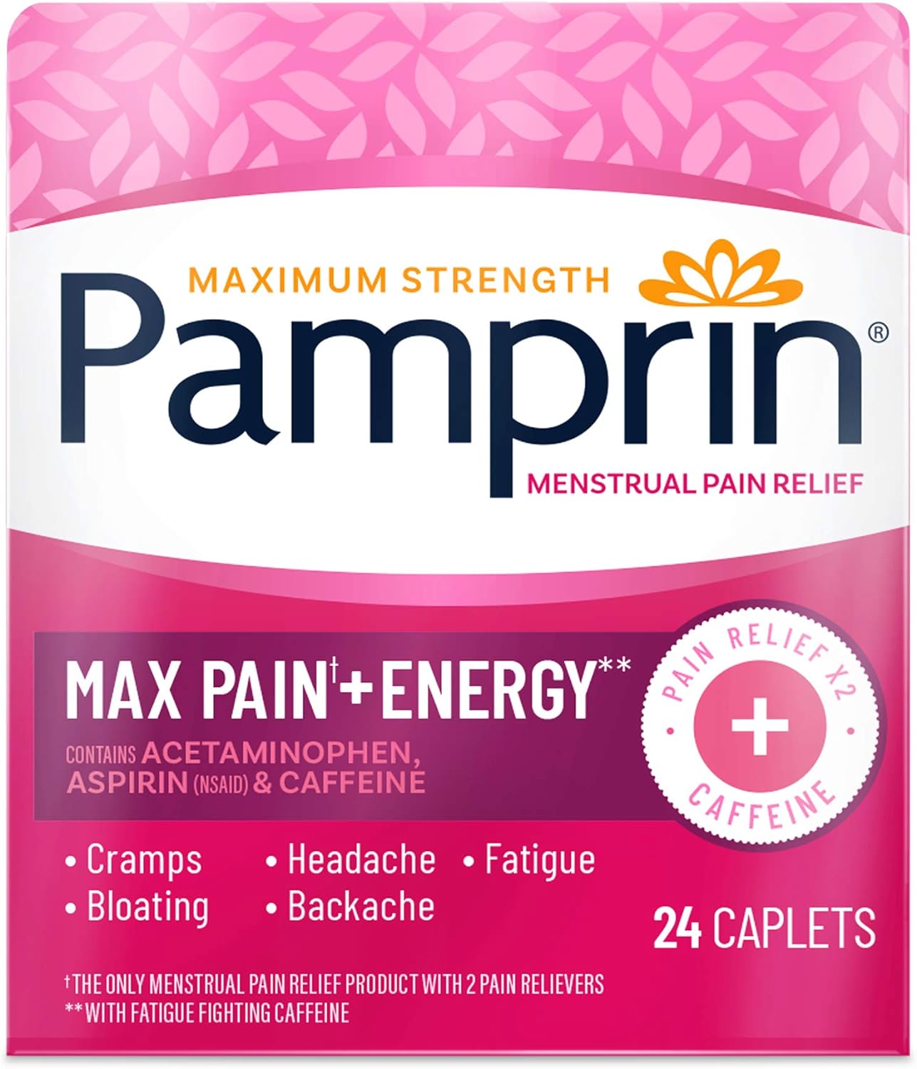 Pamprin Maximum Strength Max Formula, with Acetaminophen, Menstrual Period Symptoms Relief for Cramps, Headache, Pain and Bloating, 24 Caplets