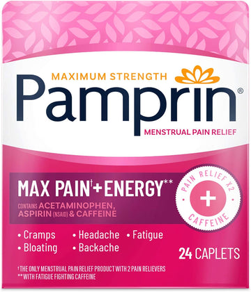 Pamprin Maximum Strength Max Formula, With Acetaminophen, Menstrual Period Symptoms Relief For Cramps, Headache, Pain And Bloating, 24 Caplets