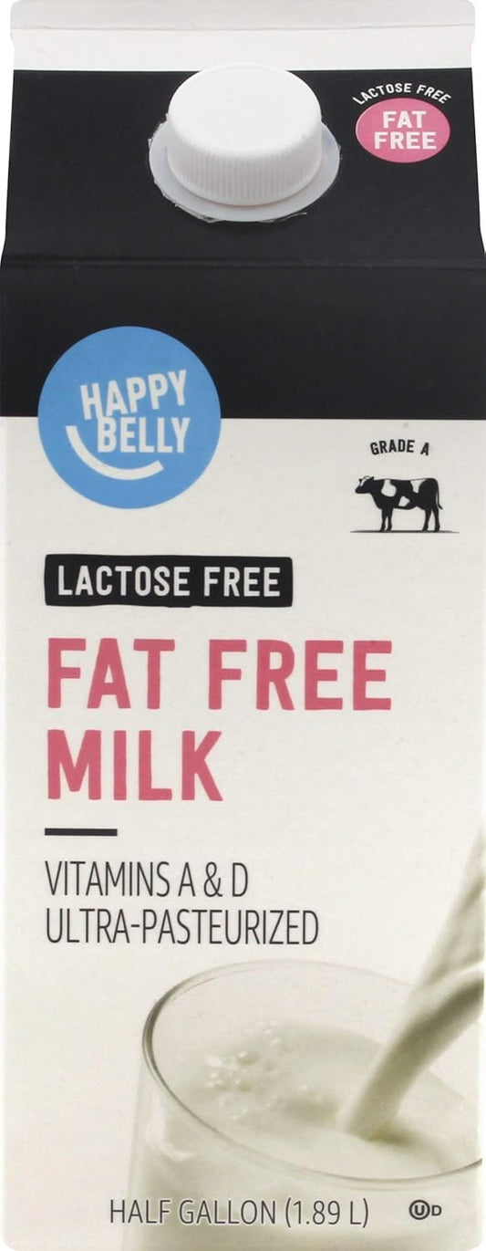 Amazon Brand, Happy Belly Fat Free Milk Lactose Free Ultra Pasteurized, Kosher, Half Gallon, 64 Fl Oz