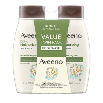 Aveeno Daily Moisturizing Body Wash For Dry & Sensitive Skin With Prebiotic Oat, Hydrating Body Wash Nourishes Dry Skin & Gently Cleanses, Light Fragrance, Sulfate-Free, 18 Fl. Oz, Pack Of 2