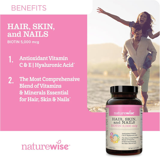 Naturewise Hair Skin And Nails Vitamin, Biotin 5000Mcg W/Hyaluronic Acid, Collagen, Multivitamin For Women W/Vitamin C, B Complex, D3, A, E, Iron - Non-Gmo, Gluten Free - 150 Softgels[50-Day Supply]