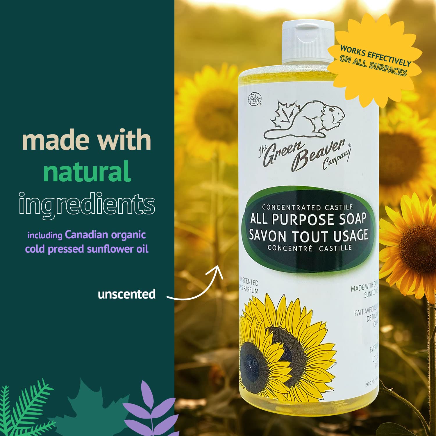 Green Beaver All Purpose Liquid Soap, Natural All Purpose Concentrated Castile Soap, Hand, Laundry, Body And House Wash For All Skin Types, Unscented, 1 Liter : Beauty & Personal Care
