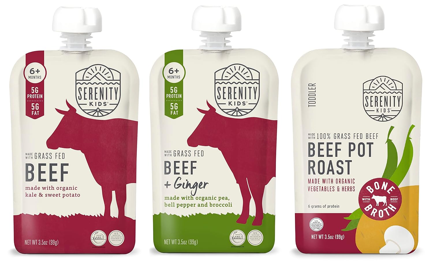 Serenity Kids Baby Got Beef Bundle | 6 Each Of Grass Fed Beef, Beef & Ginger And Beef Pot Roast Pouches (18 Count)