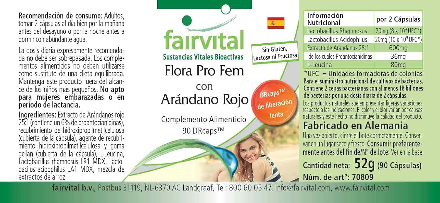 Fairvital | Flora Pro Fem - Cultures Complex Probiotics & Prebiotics - Lactobacillus rhamnosus and acidophilus with Cranberry - 90 capsules : Amazon.co.uk: Health & Personal Care