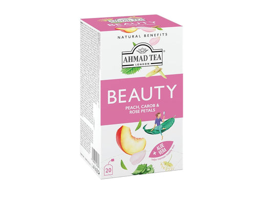 Ahmad Tea Herbal Tea, Peach, Carob, And Rose Petals 'Beauty' Natural Benefits Teabags, 20 Ct (Pack Of 6) - Decaffeinated & Sugar-Free