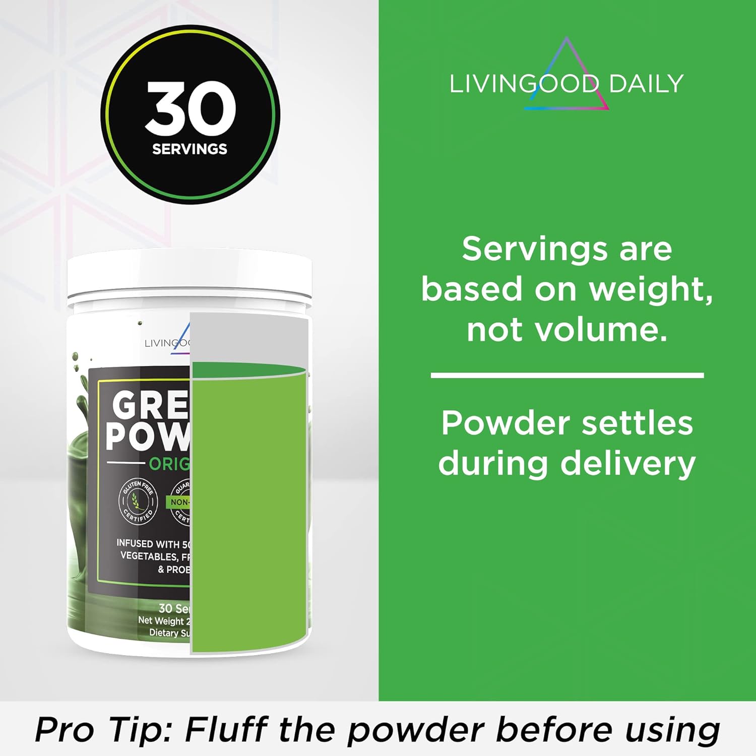 Livingood Daily Greens, Original - Super Greens Powder for Gut Health - Green Blend Superfood with Spirulina, Chlorella, Veggie, Fruits, Herbs, Prebiotics & Enzymes - Smoothie Mix - 30 Servings : Health & Household