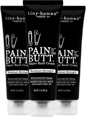 Pain In The Butt Max Diaper Rash Cream, 3Oz, 40% Zinc Oxide, 3-Pack, Natural Ingredients, Petrolatum Free, Soothing, Rapid Relief And Protection For Baby