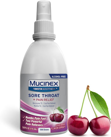 Mucinex Instasoothe Sore Throat Relief, Throat Numbing Spray Starts To Work On Contact, Sore Throat Pain Medicine, Relieves Pain Associated With Sore Throat, Cherry Flavor Throat Spray, 3.8 Fl Oz