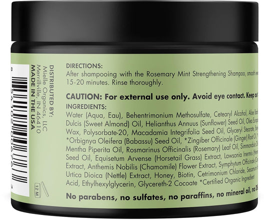 Mielle Organics Rosemary Mint Strengthening Hair Masque, Essential Oil & Biotin Deep Treatment, Miracle Repair For Dry, Damaged, & Frizzy Hair, 12 Ounces