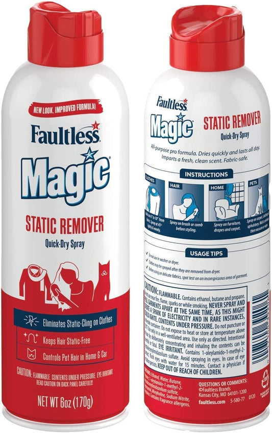 Magic Static Remover, Pack of 2 - No More Cling Static Spray, Eliminates Static Cling, Anti-Static Spray for Clothes, Furniture & Car - Static Free Spray, Controls Pet Hair (6 oz.)