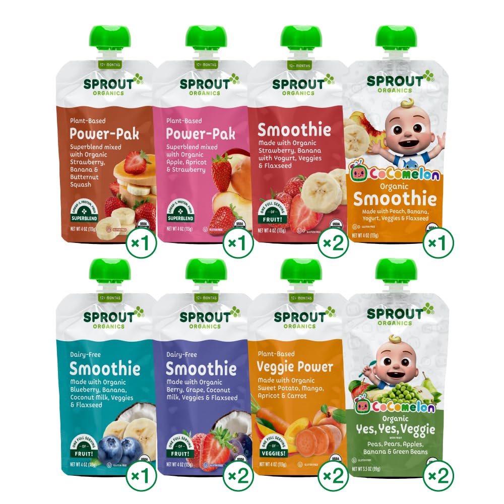 Sprout Organic Baby Food, Stage 4 Toddler Pouches, 9 Flavor Power Pak And Smoothie Sampler, 4 Oz Purees 12 Count (Pack Of 1)