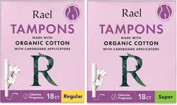 Rael Tampons, Cardboard Applicator Made With Organic Cotton - Tampons Multipack, Regular And Super Absorbency, Unscented, Upgraded Easy Grip Applicator, Biodegradable, Chlorine Free (36 Count, Bundle)