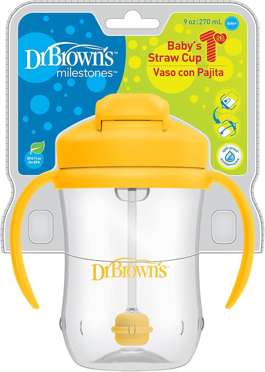 Dr. Brown’S Milestones Baby’S First Straw Cup, Training Cup With Weighted Straw, Vintage Yellow, 6M+