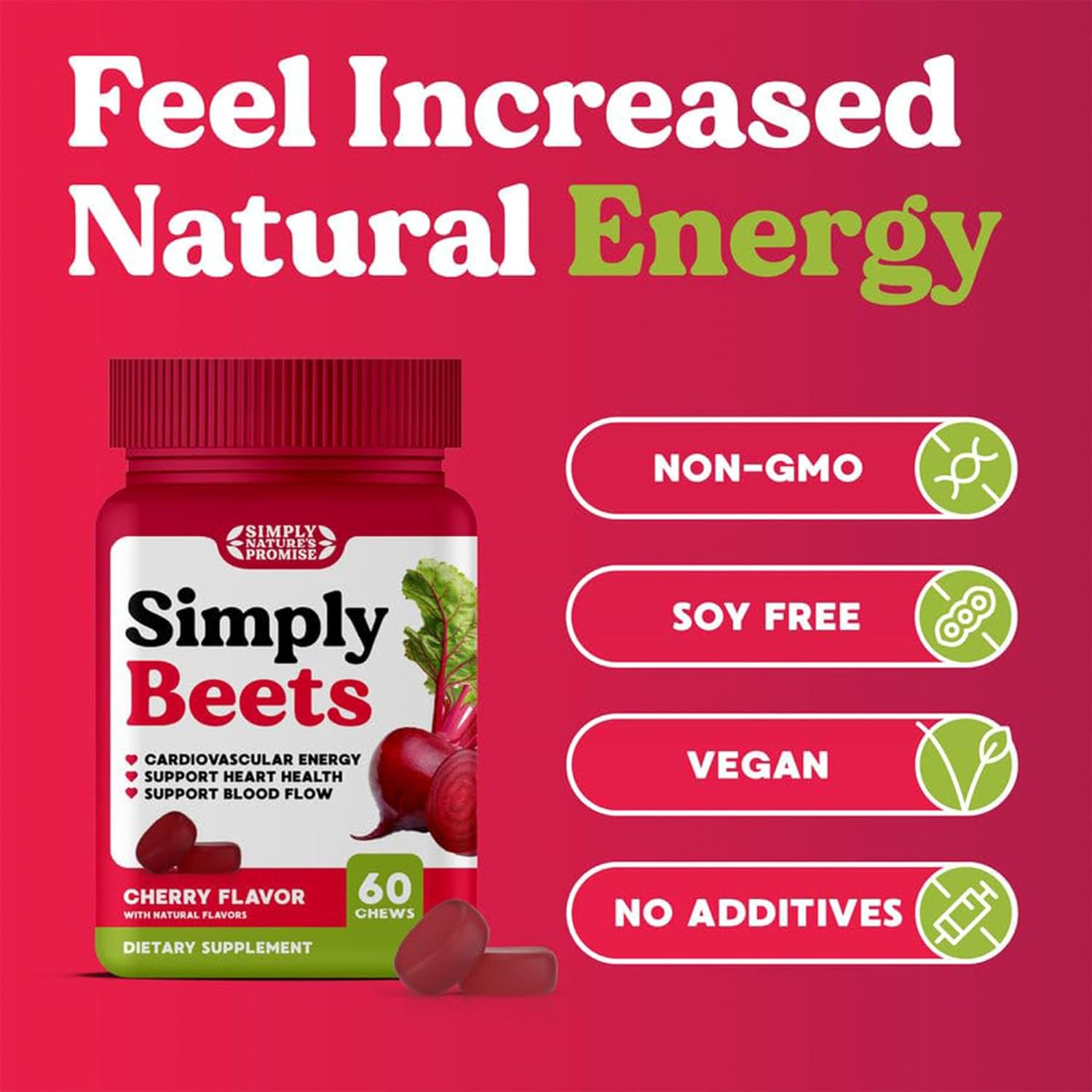 Simply Nature's Promise - Simply Beets Heart Gummies - Delicious Cherry Flavor - Non-GMO Beet Gummy Chews for Help with Daily Heart Health, Blood Pressure, and Circulation Support - 60 Gummies : Health & Household