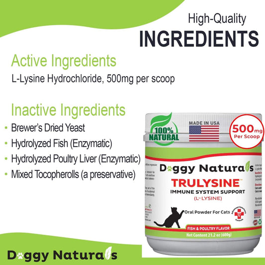Trulysine L-Lysine For Cats Immune Support Oral Powder 21.2Oz/600G - Cats & Kittens Of All Age, Sneezing, Runny Nose Squinting, Watery Eyes-Fish & Poultry Flavor (U.S.A)(600 Grams (500Mg / Scoop))