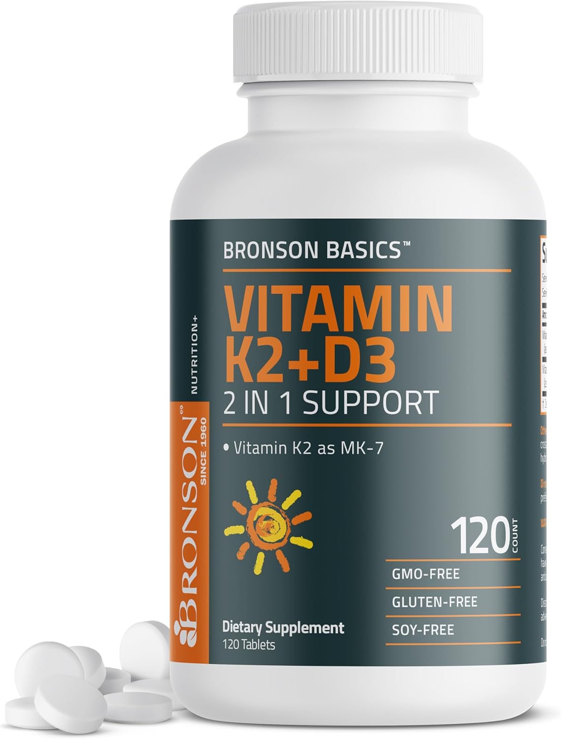 Bronson Basics Vitamin K2 D3 (Mk7) Supplement Non-Gmo Formula 5000Iu (125 Mcg) Vitamin D3 & 90 Mcg Vitamin K2 Mk-7 Easy To Swallow Vitamin D & K Complex, 120 Tablets