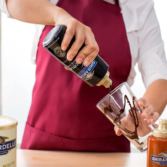 Ghirardelli Black Label Chocolate Sauce 87.3 Ounce with Ghirardelli Pump and Spoon