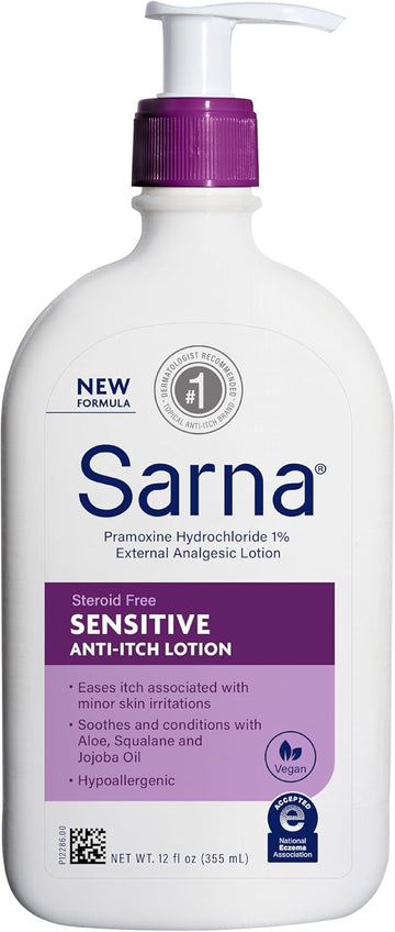 Sarna Sensitive Anti-Itch Lotion, Steroid-Free, Fragrance-Free, Vegan, Hypoallergenic, National Eczema Association Accepted, 1% Pramoxine Hydrochloride, 12 Oz