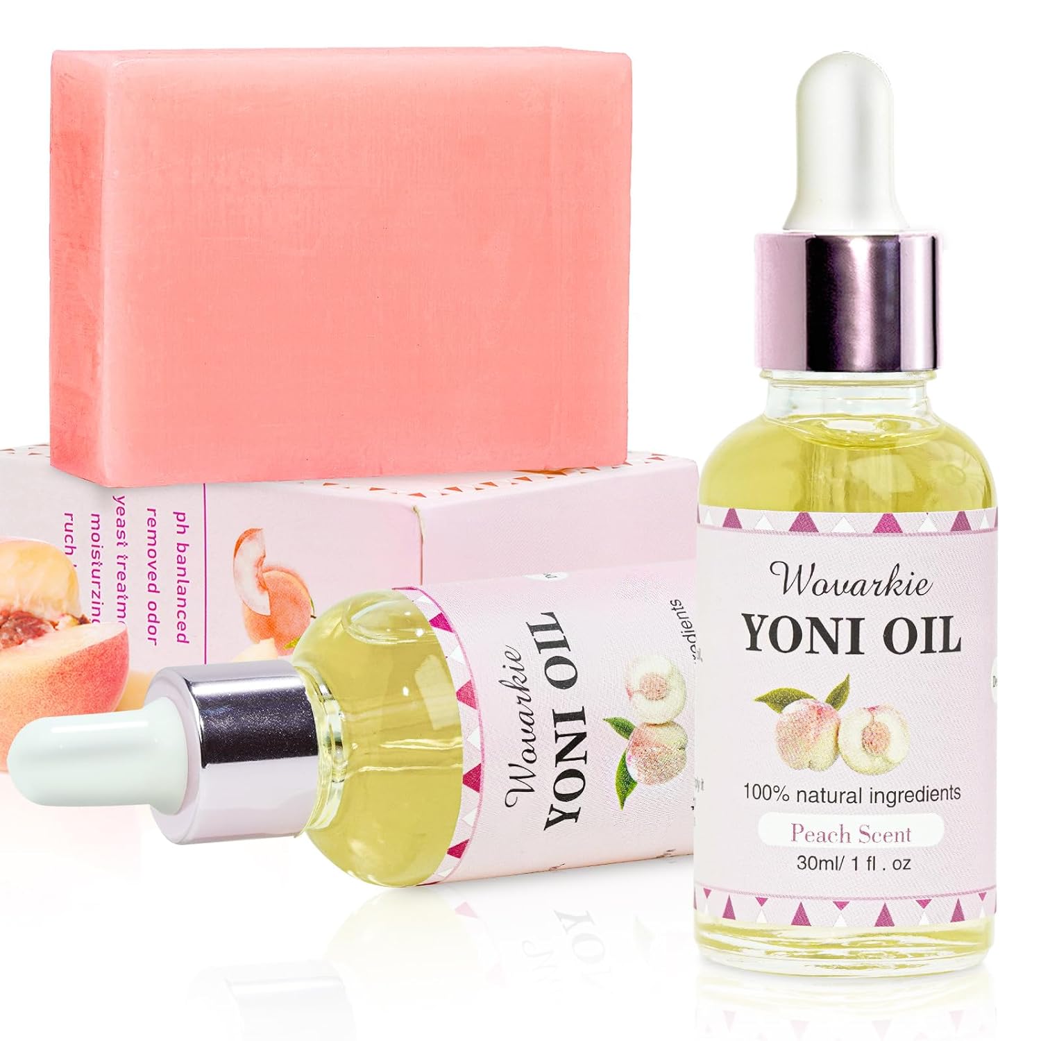 3 PCS Yoni Oil Yoni Bar Soap Set for Women pH Balance, Feminine Oil Feminine Wash Vaginal Moisturizer Odor Eliminator, Natural Feminine Care, 2 * 1fl. oz Yoni Essential Oil, 1* Yoni Bar 3.53oz?Peach?