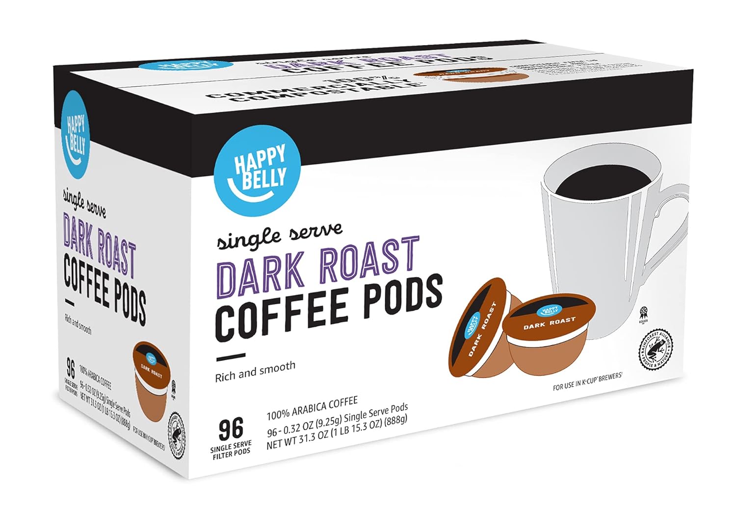 Amazon Brand - Happy Belly Dark Roast Coffee Pods, Compatible with K-Cup Brewer, 96 Count
