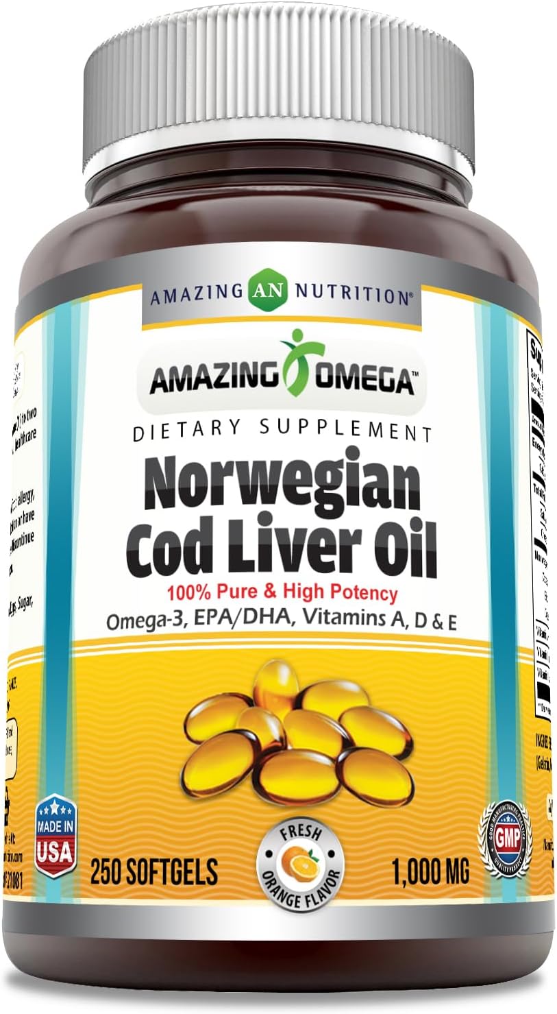 Amazing Omega Norwegian Cod Liver Oil 1000 Mg Softgels Supplement | Omega-3, Epa, Dha, Vitamin A, Vitamin D & Vitamin E (Orange | 250 Count)