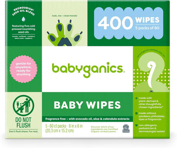 Babyganics Baby Wipes, Unscented Diaper Wipes , 400 Count, (5 Packs Of 80), Non-Allergenic And Formulated With Plant Derived Ingredients