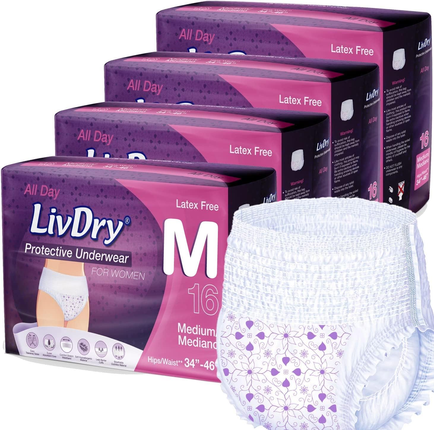 Livdry M Adult Diapers For Women, Ultimate Absorbency Incontinence Underwear, All Day Or Overnight Protection, Medium (64 Count)