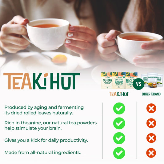 Teaki Hut Instant Tea Powder Bundle, Refreshing Instant Tea 3 Pack - Includes Matcha Green Tea, Black Tea, Pu-Erh Tea Powder - Perfect For Baking, Teas, Lattes, Smoothies, Zero Sugar Mixed Tea Pack