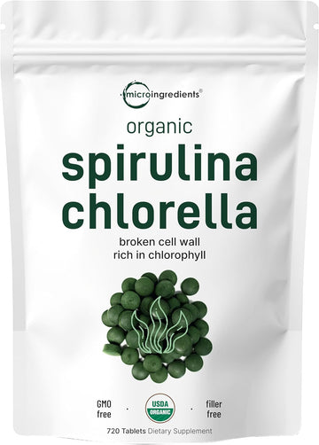 Organic Chlorella Spirulina Tablets, 3000Mg Per Serving, 720 Counts, 4 Months Supply, 50/50 Blend Superfood, No Filler, No Additives, Cracked Cell Wall, Rich In Vegan Protein & Chlorophyll