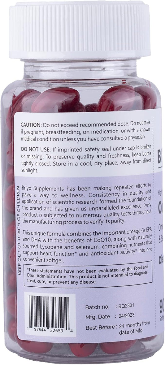 Briyo Highly Absorbable Coq10 100 Mg Plus Omega-3 With Natural Form Of Lycopene And Selenium, Heart Health Supplement (90 Softgels)