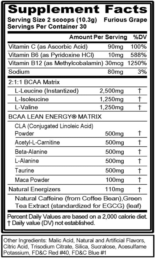 Evl Bcaa Lean Energy Powder - Pre Workout Green Tea Fat Burner Support With Bcaas Amino Acids And Clean Energizers - Bcaa Powder Post Workout Recovery Drink For Lean Muscle Recovery - Furious Grape