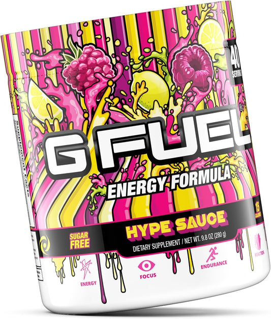 G Fuel Hype Sauce Energy Powder, Sugar Free, Clean Caffeine Focus Supplement, Water Mix, Raspberry Lemonade Flavor, Focus Amino, Vitamin + Antioxidants Blend, 9.8 Oz (40 Servings)