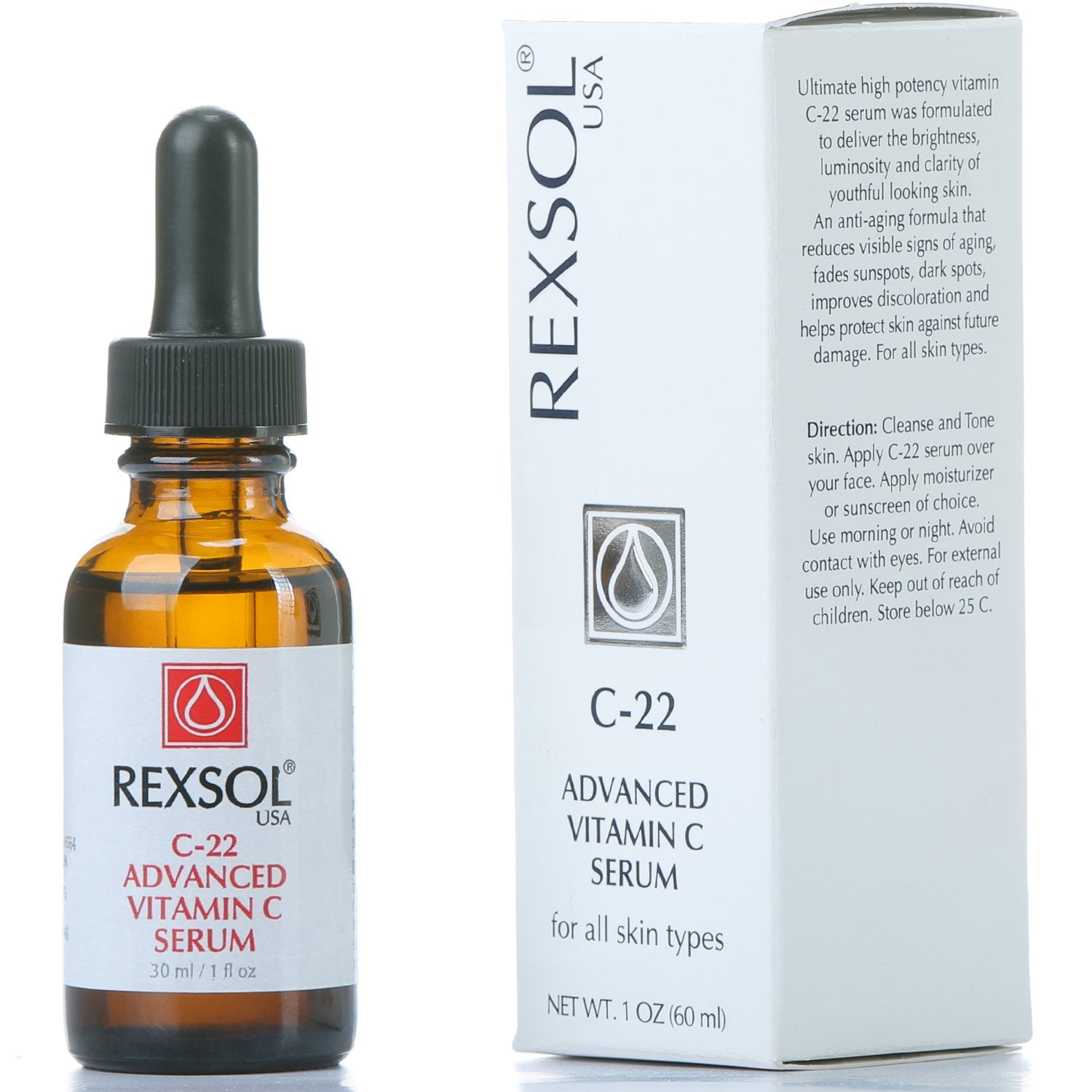Rexsol 22% Advanced Vitamin C Serum, With Hyaluronic Acid, Ferulic Acid, Rosemary & Vitamin E, Best Anti-Aging Formulation, Reduce Visible Signs Of Aging, Dark Spots (30 Ml / 1 Fl Oz)
