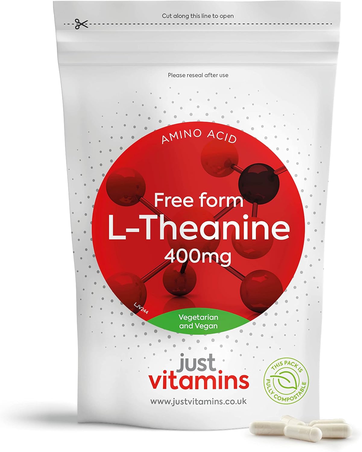 L-Theanine 400mg x60 High Strength Vegan Capsules (2 Month Supply) GABA Alternative, Brain Power Nootropic L Theanine Supplement - Non GMO, Caffeine Free, Made in UK by Just Vitamins