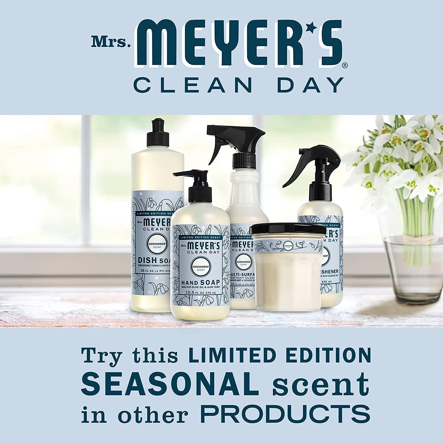 Mrs. Meyer's Kitchen Set, Dish Soap, Hand Soap, and Multi-Surface Cleaner, 3 CT (Snowdrop) : Health & Household