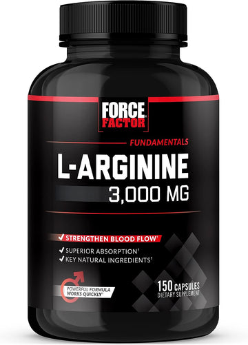 FORCE FACTOR L-Arginine Nitric Oxide Supplement with BioPerine to Help Build Muscle and Support Stronger Blood Flow, Circulation, Nutrient Delivery, and Pumps, L-Arginine 3000mg, 3g, 150 Capsules