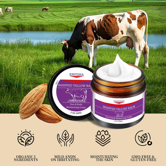 Envisha Handmade Whipped Tallow Cream - For Face And Body, Nourishing And Hydrating Skin, 100% Organic Grass-Fed Tallow, All Natural Daily Skin Care - 2 Oz