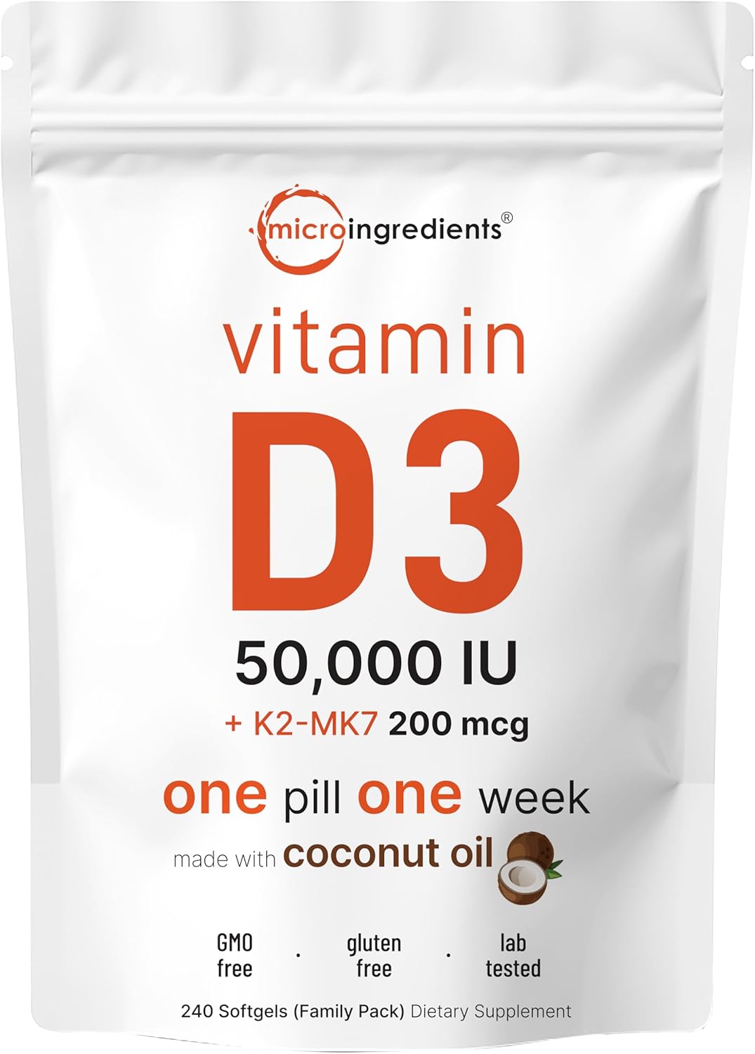 Micro Ingredients Vitamin D3 50,000 Iu Plus K2 (Mk-7) 200 Mcg, 240 Virgin Coconut Oil Softgels | 2 In 1 Vitamins D & K Complex | Supports Calcium Absorption, Bone, Immune, & Heart Health