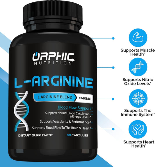 Orphic Nutrition L Arginine Supplement For Men 1000Mg+ - 60 Capsules - L Citrulline And Nitric Oxide Supplement To Support Muscle Health, Exercise Endurance, Vascularity, Heart Health, Energy Levels