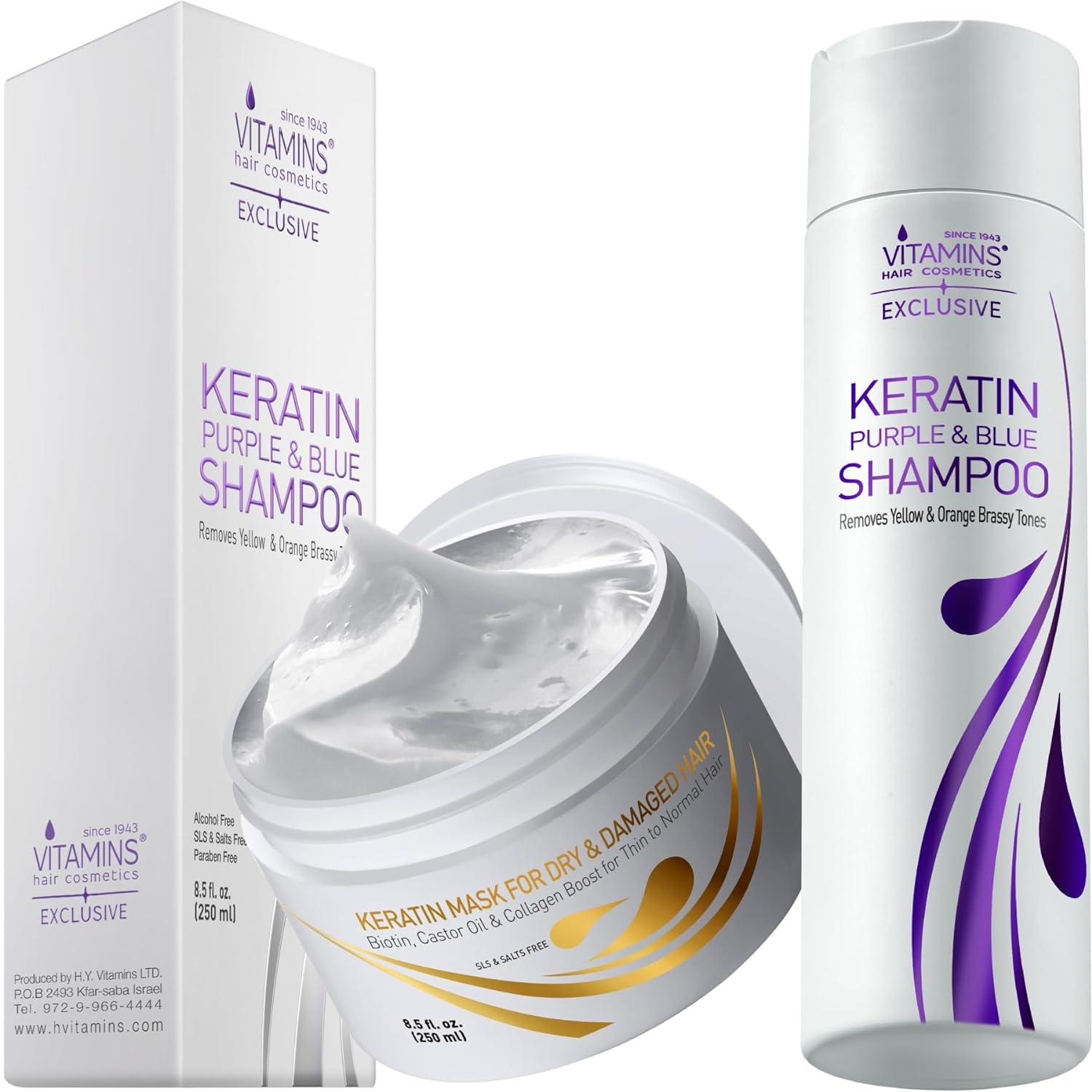 Vitamins Keratin Purple Shampoo and Thin Hair Mask Kit - Violet Blue Shampoo Anti Brassiness for Bleached Blonde Platinum White Gray Dry Damaged Hair and Intensive Deep Conditioning For Damaged Hair