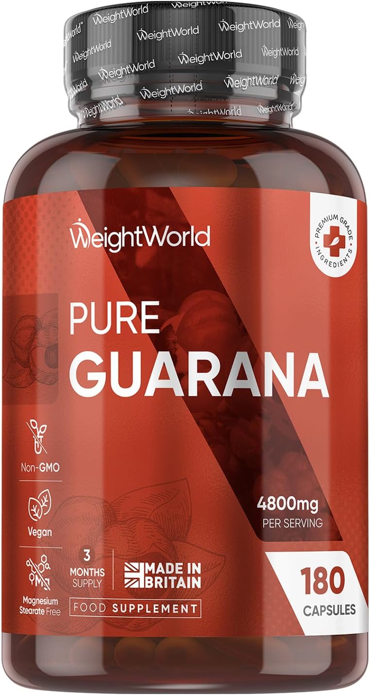 Caffeine Supplement With No Jitter - 4X More Caffeine Than Coffee - 180 Guarana Capsules (3 Months Supply) - Vegan Pills With No After Effects - Guarana Tablets Alternative