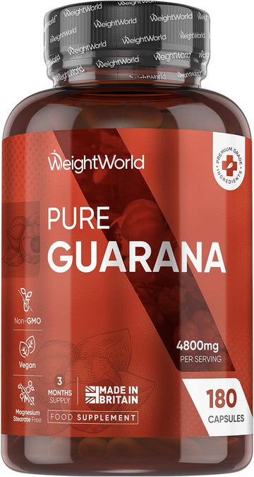 Caffeine Supplement With No Jitter - 4X More Caffeine Than Coffee - 180 Guarana Capsules (3 Months Supply) - Vegan Pills With No After Effects - Guarana Tablets Alternative