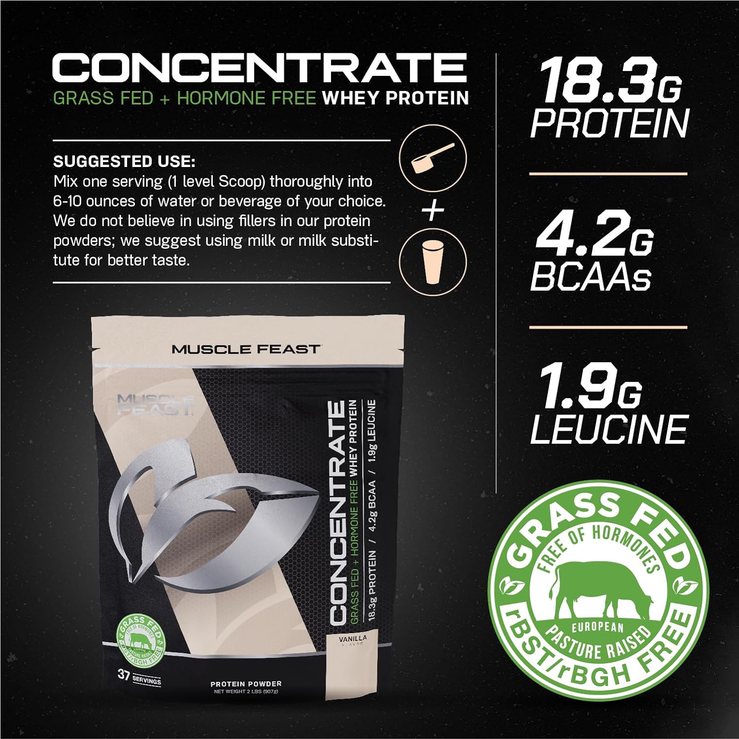 Muscle Feast Grass-Fed Whey Protein Concentrate Powder, All Natural Hormone Free Pasture Raised, Vanilla, 2lb : Health & Household