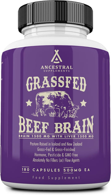 Ancestral Supplements Grass Fed Beef Brain Supplement With Beef Liver, Whole Food Brain Support Promotes Brain, Mood, And Memory Health, Brain And Liver Health Formula Capsules, Non-Gmo, 180 Capsules