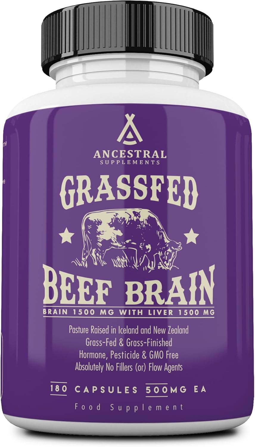 Ancestral Supplements Grass Fed Beef Brain Supplement With Beef Liver, Whole Food Brain Support Promotes Brain, Mood, And Memory Health, Brain And Liver Health Formula Capsules, Non-Gmo, 180 Capsules
