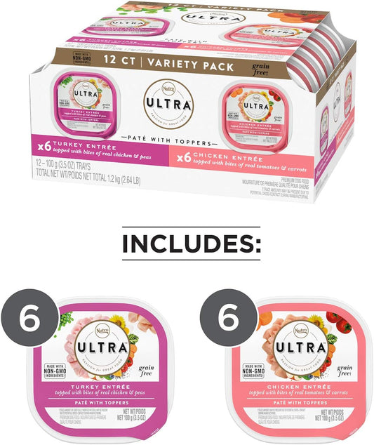 Nutro Ultra Adult Grain Free Soft Wet Dog Food, Variety Pack, Chicken Entrée Paté And Turkey Entrée Paté With Toppers, (12) 3.5 Oz. Trays